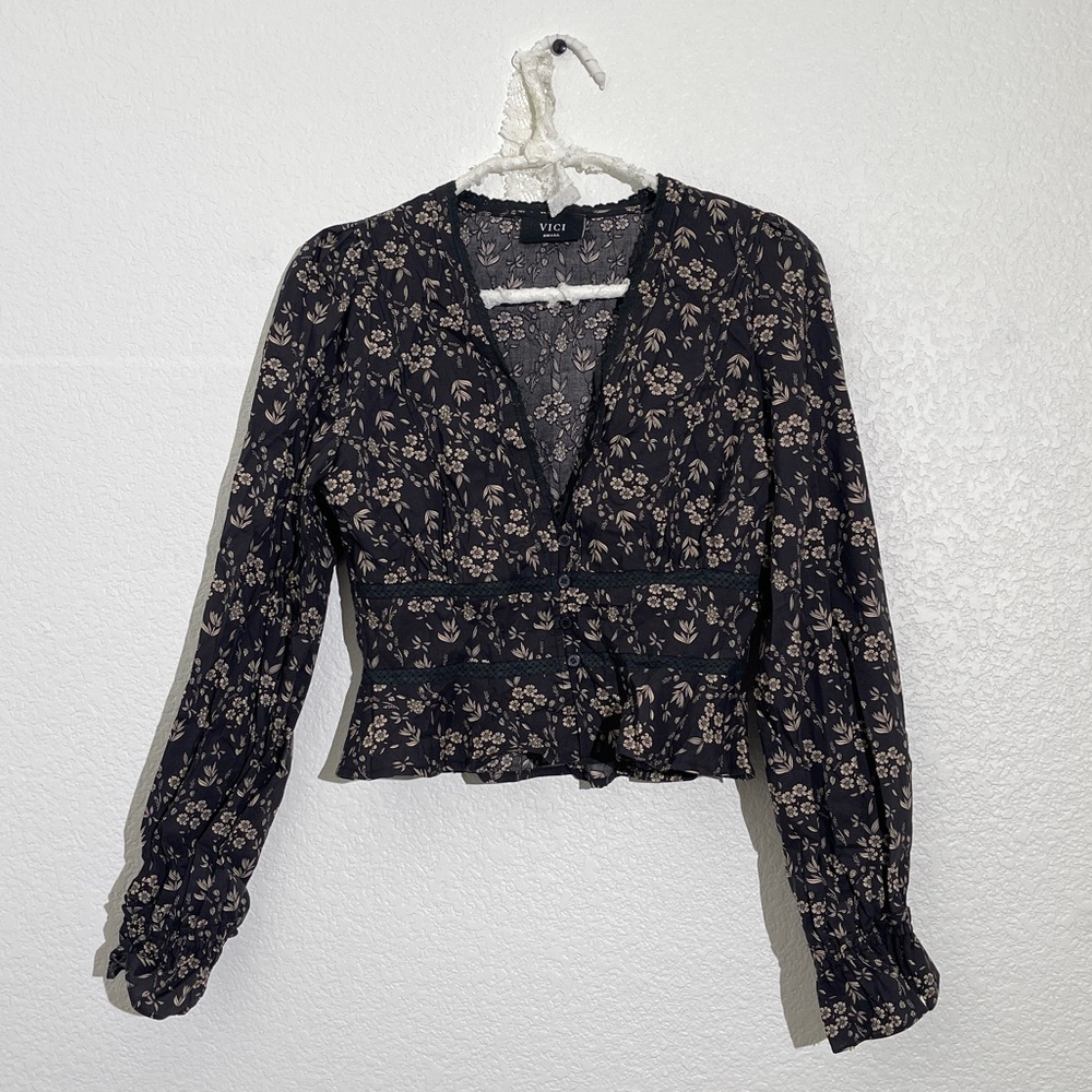 Irvine Floral Cotton Blend Crochet Trim Top
